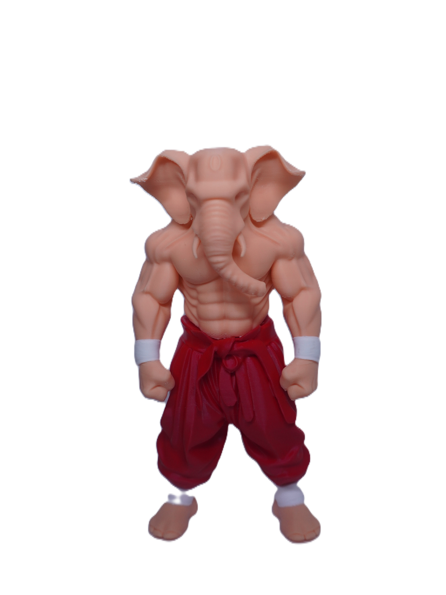 Muscular figure with elephant head wearing red pants on a white background