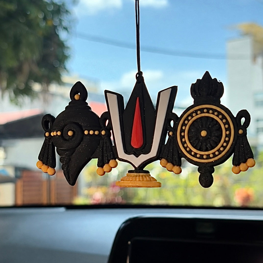 TIRUPATI – Shankha Chakra Namam Car Hang | BLACK × GOLD