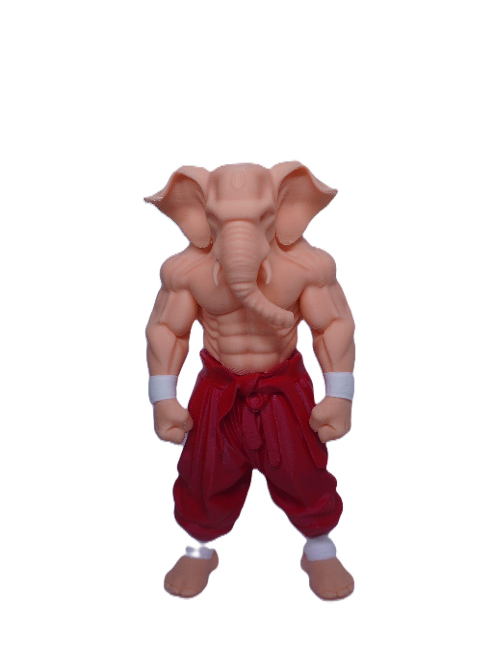 Muscular figure with elephant head wearing red pants on a white background