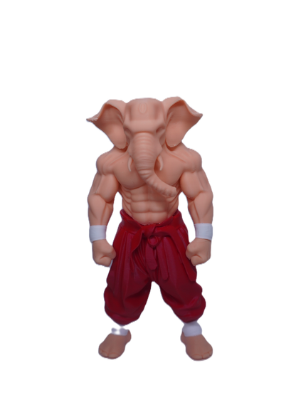 Muscular figure with elephant head wearing red pants on a white background