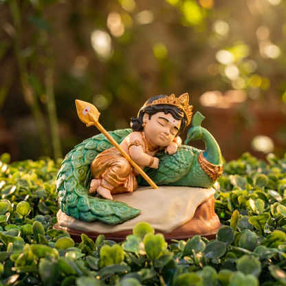 Peaceful Murugan Figurine – Sleeping Kandhan with Peacock 🦚